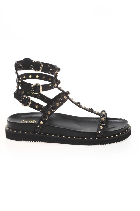 Shop ASH  Sandalo: Ash "UpUp" sandal.
Black and gold stud applications.
Adjustable ankle straps.
Rounded toe and visible stitching.
Leather interior.
Platform sole.
Embossed welt with round rivets.
4cm heel.
Composition: 100% leather.
Made in Italy.. UPUP01-BLACK/GOLD