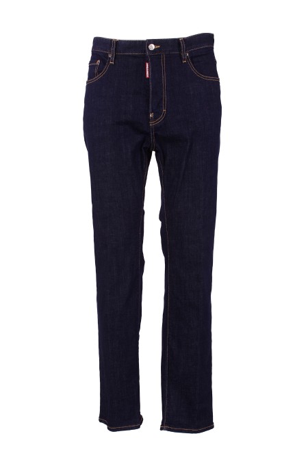 Shop DSQUARED2  Jeans: DSQUARED2 stretch cotton denim jeans.
Model 642.
Slim fit.
Button closure.
Logoed label on the flap.
Logoed label on the back, in leather.
Composition: 98% Cotton 2% Elastane.
Made in Romania.. S74LB1421-470