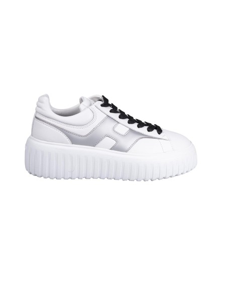 Shop HOGAN  Sneakers: Hogan white Hogan H-Stripes sneakers.
Upper in nappa.
Shiny leather inserts.
Side H.
8 mm memory foam fussbed.
EVA sole.
Total height 5.8 cm.
Care and maintenance instructions included.
Fabric case included.
Includes an additional pair of laces.
Made in Italy.. HXW6450FE91NCD-0351