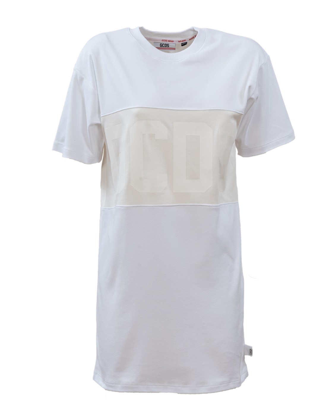 shop GCDS Saldi Abito: GCDS abito bianco.
Maxi logo, all around, tono su tono.
Girocollo.
Maniche corte.
Vestibilità regolare.
Composizione: 100% cotone.
Made in Italy.. CC94W020510-01 number 737160